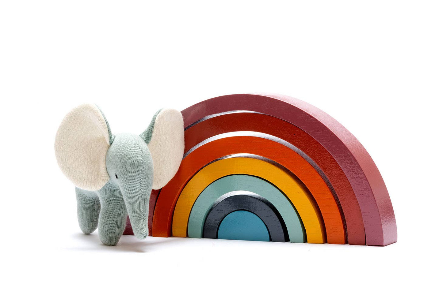Fair trade, handmade wood rainbow toy in contemporary colors