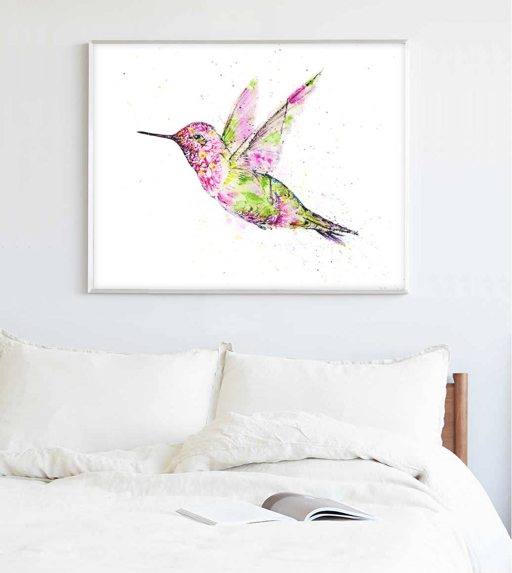 Anna's Hummingbird Floral Watercolor Art Print