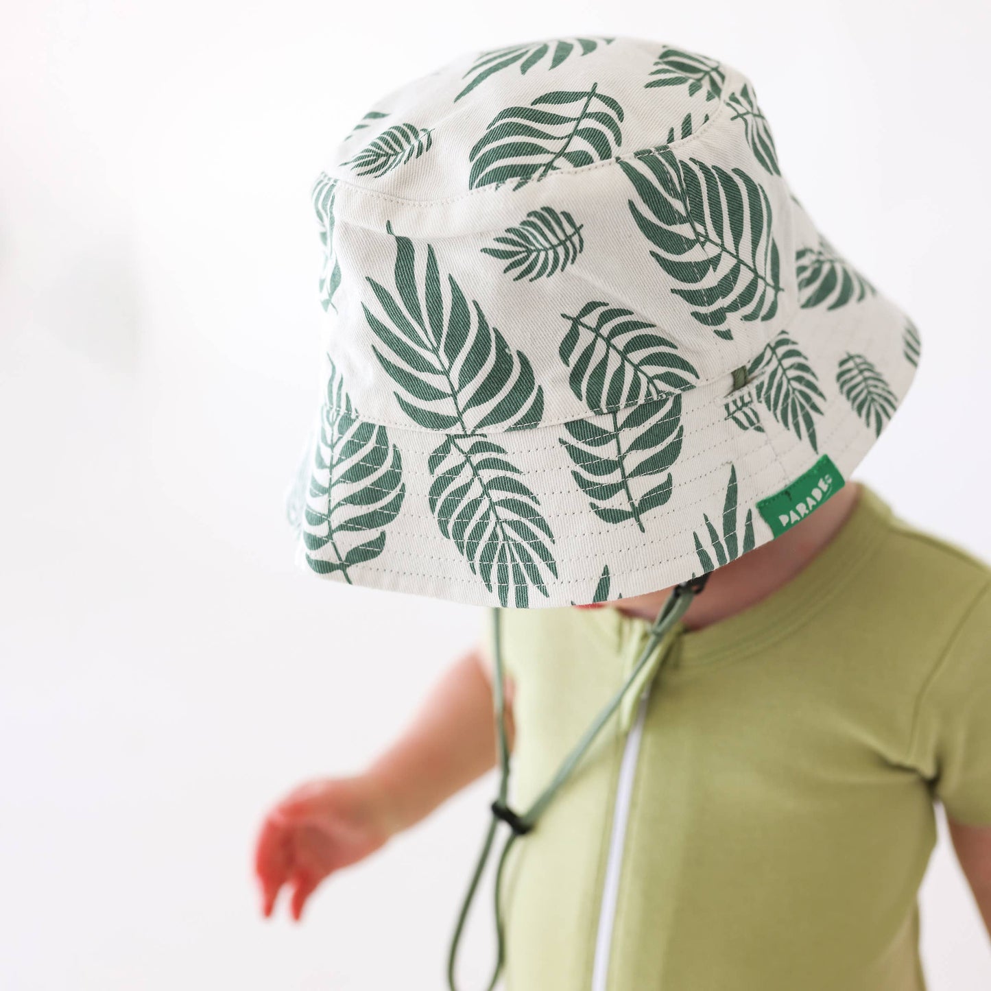 Reversible Organic Cotton Bucket Hats: Large (2-4 Years) / Palm Leaves and Camper Green