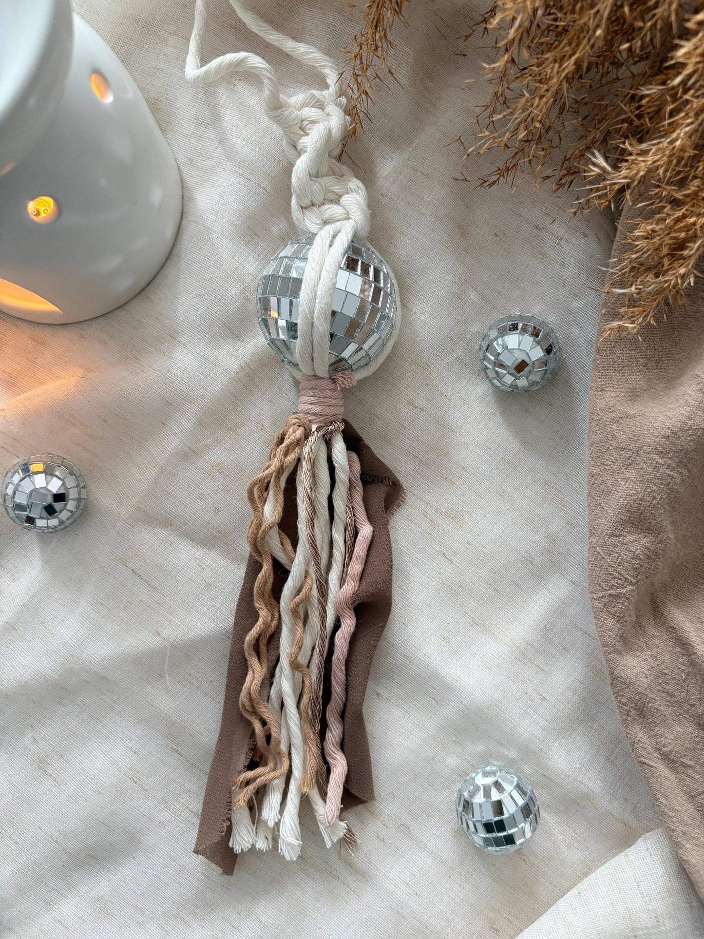 Macrame Disco Ball Car Charm: Boho Rearview Mirror Accessory