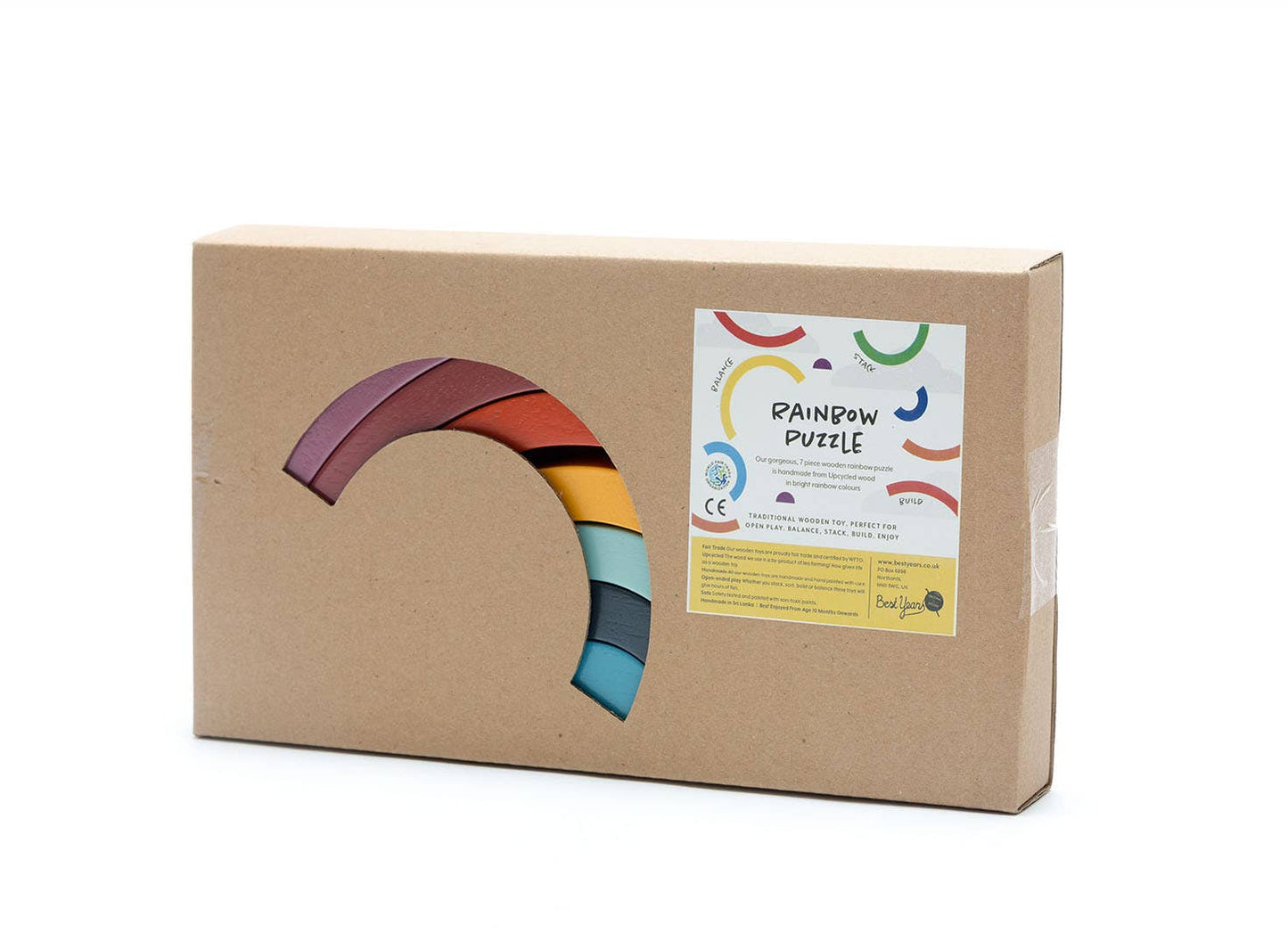 Fair trade, handmade wood rainbow toy in contemporary colors