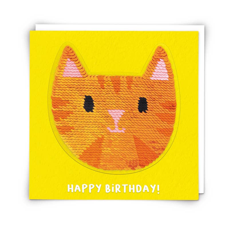 Tabby Cat Birthday Card With Reusable Reversible Sequin Patch