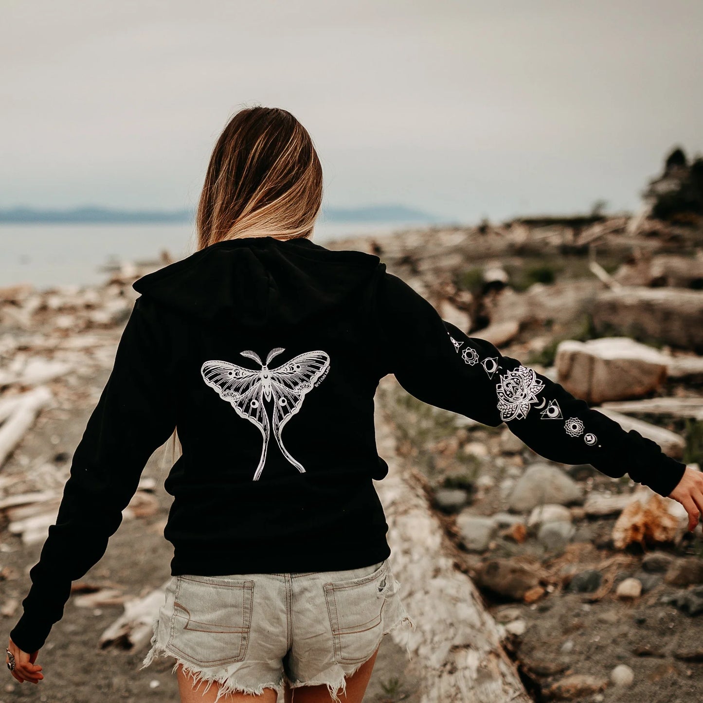 Luna Moth +Lotus Chakra unisex zip up Hoodie Black