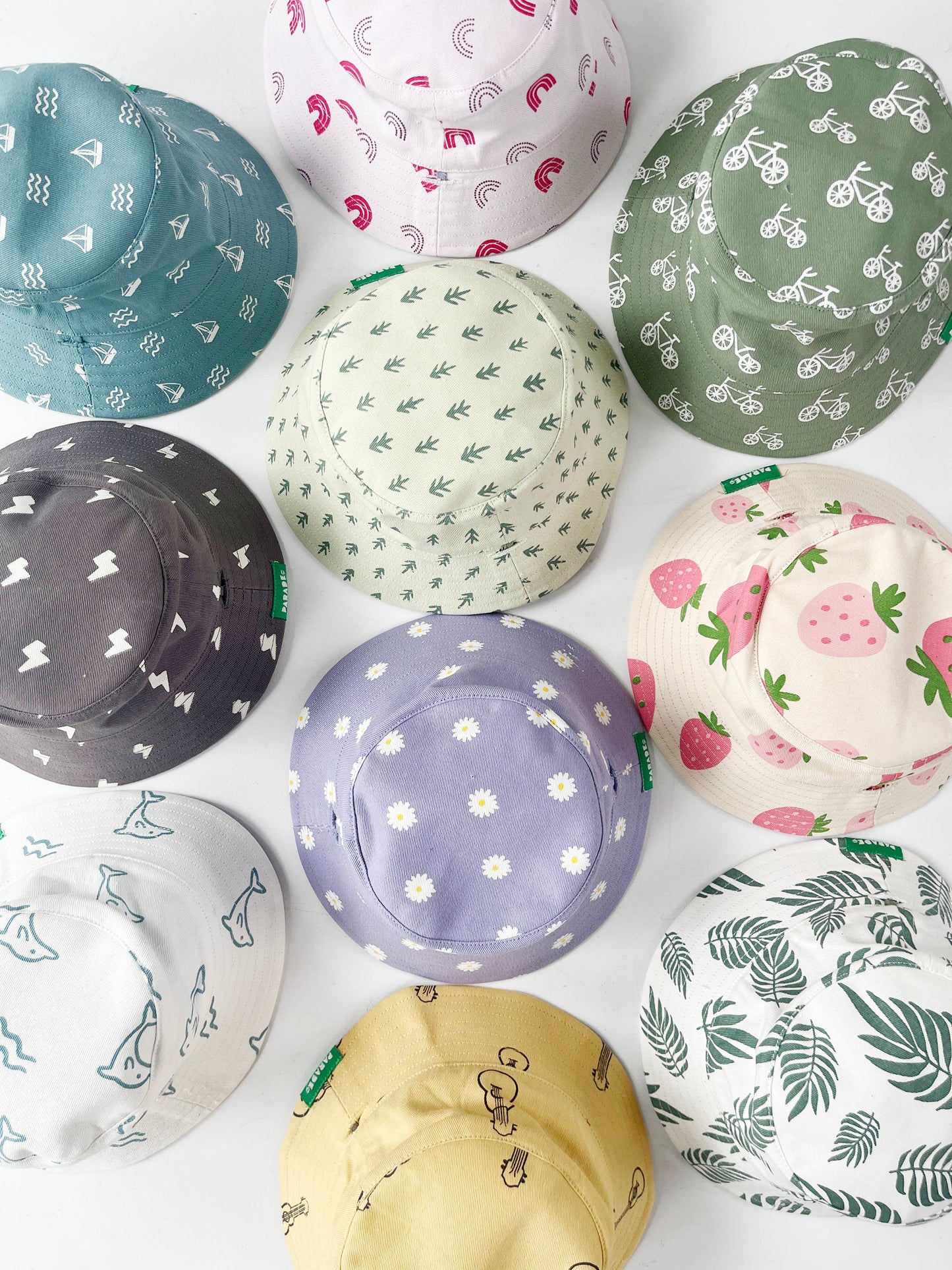 Reversible Organic Cotton Bucket Hats: Large (2-4 Years) / Palm Leaves and Camper Green