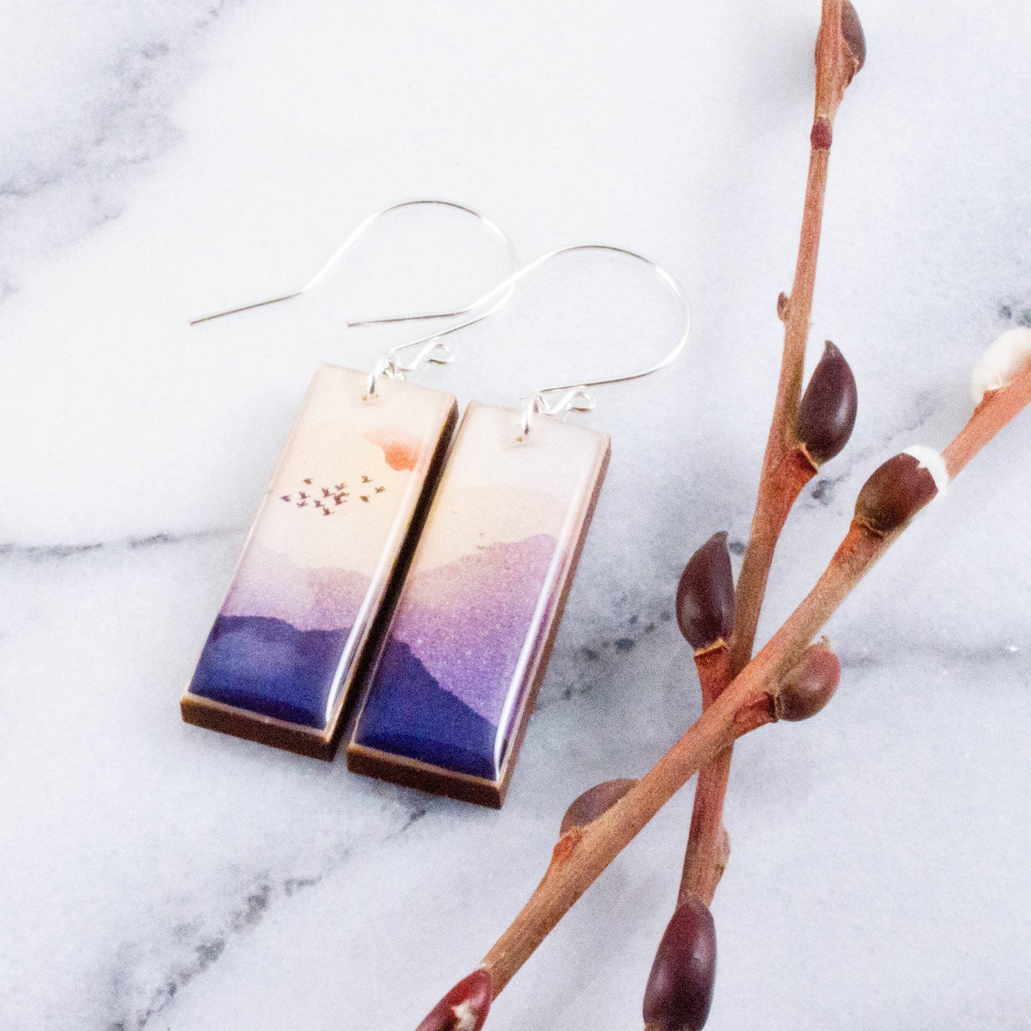 Serene Mountain Sunrise Rectangle Earrings