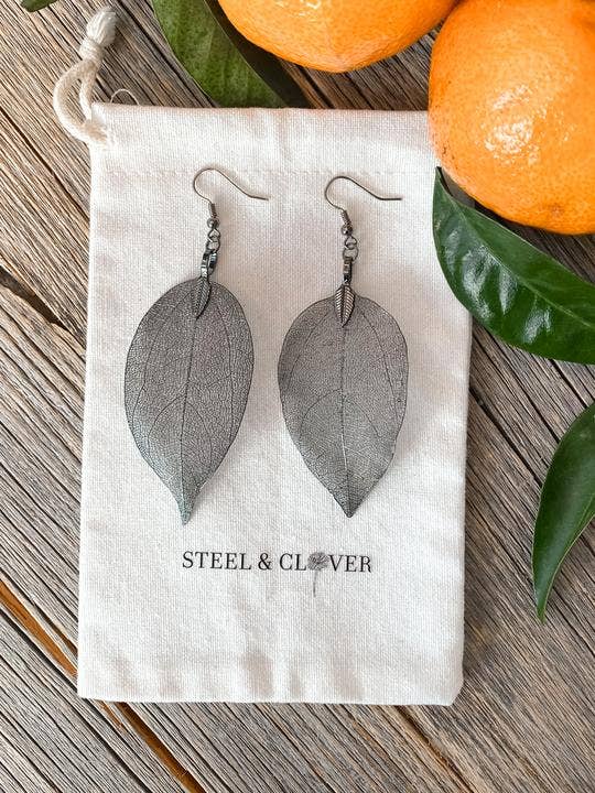 Black Real Leaf Earrings