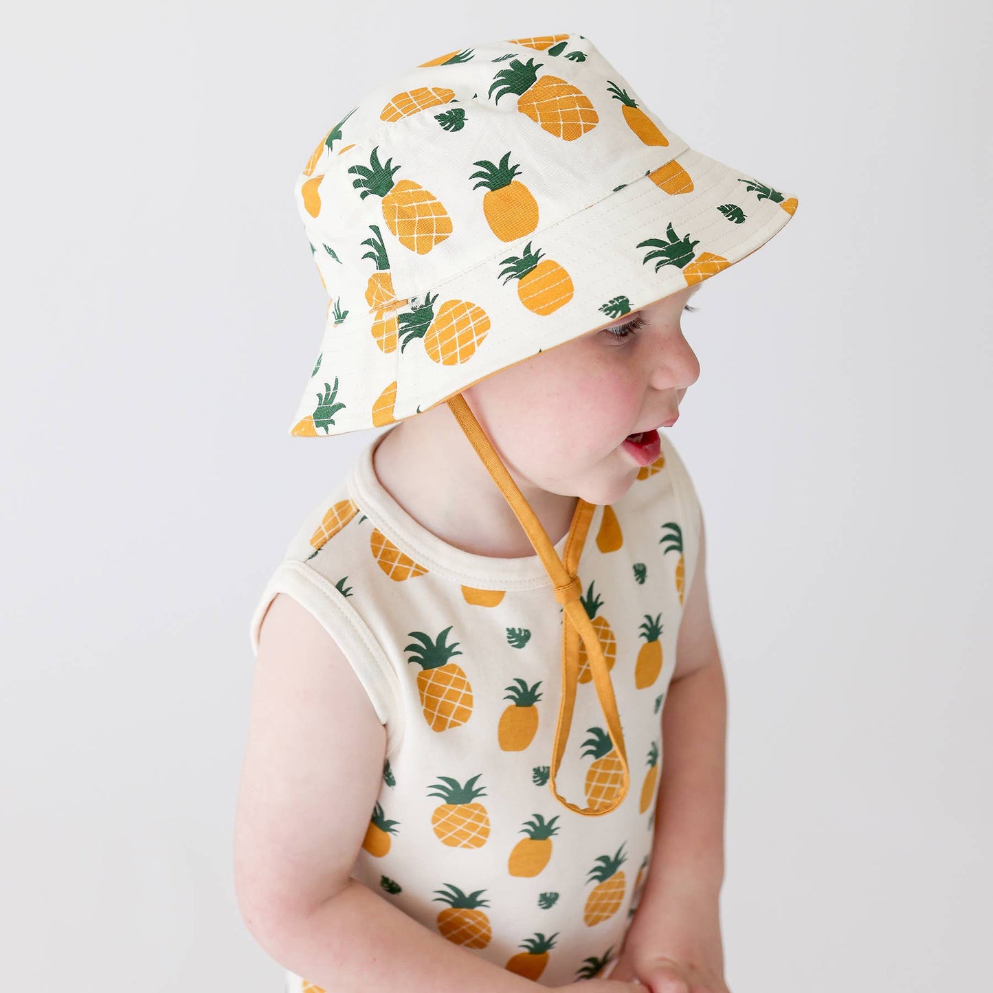 Reversible Organic Cotton Bucket Hats: Large (2-4 Years) / Palm Leaves and Camper Green