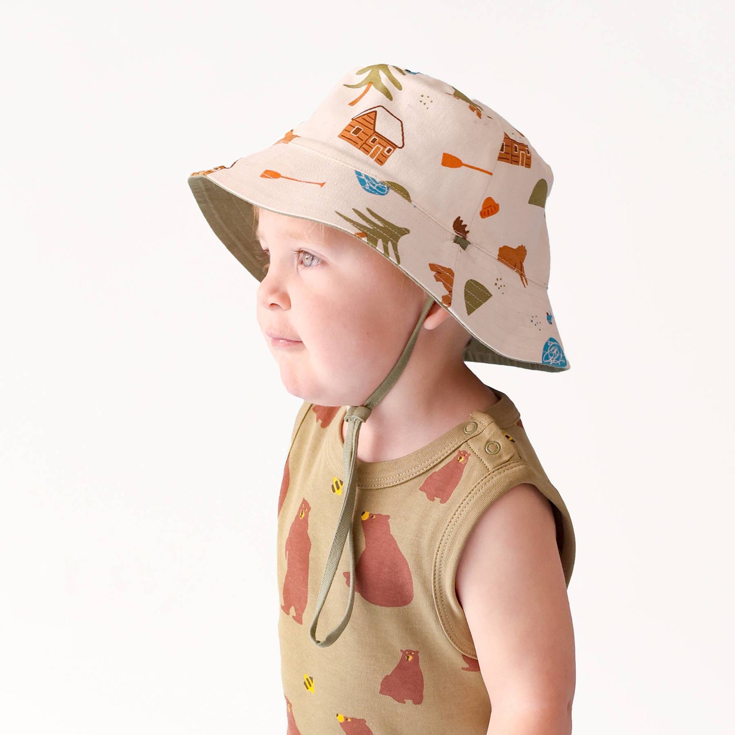 Reversible Organic Cotton Bucket Hats: Large (2-4 Years) / Palm Leaves and Camper Green