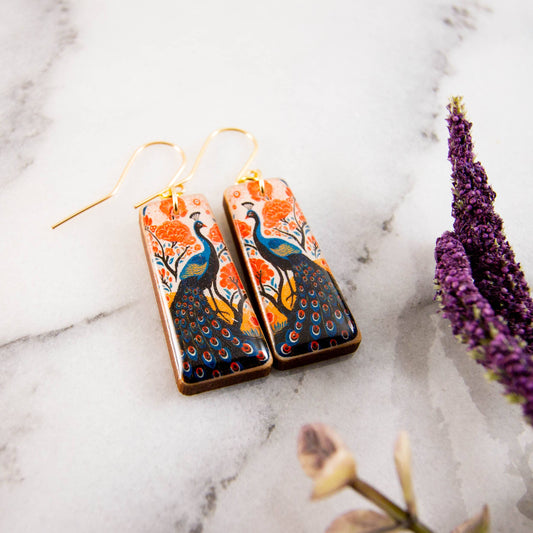 Retro Peacock Garden Tapered Rectangle Earrings