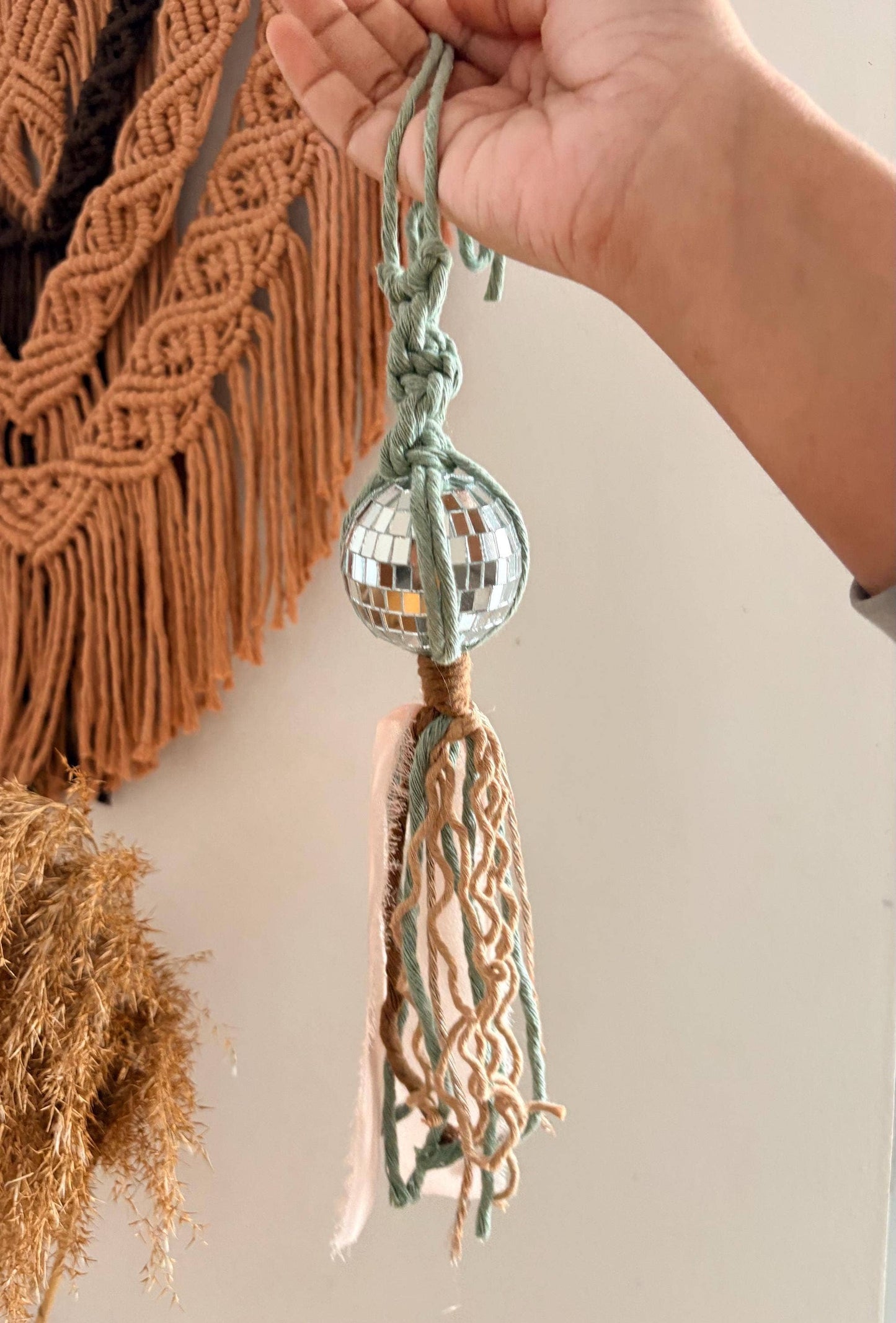 Macrame Disco Ball Car Charm: Boho Rearview Mirror Accessory