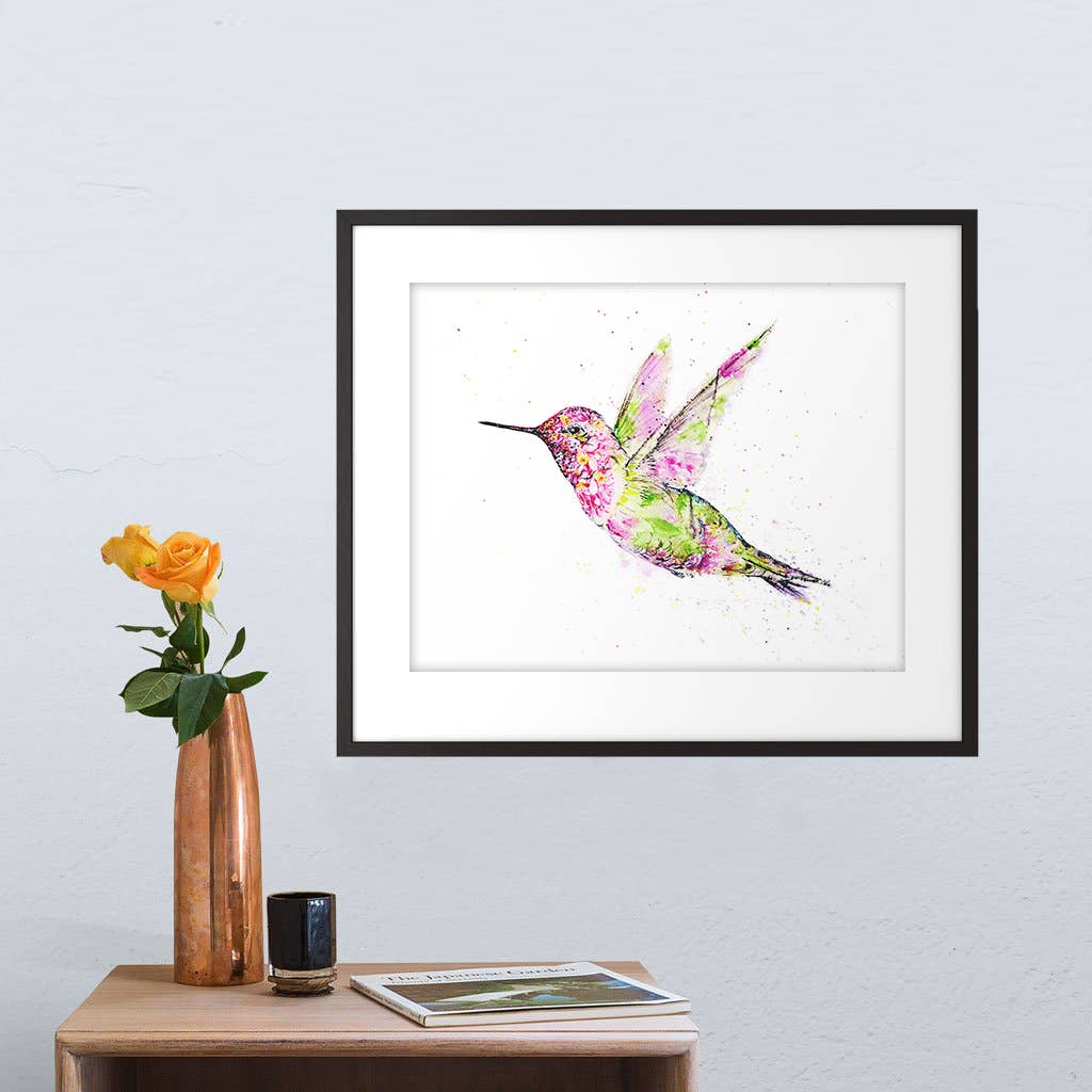 Anna's Hummingbird Floral Watercolor Art Print