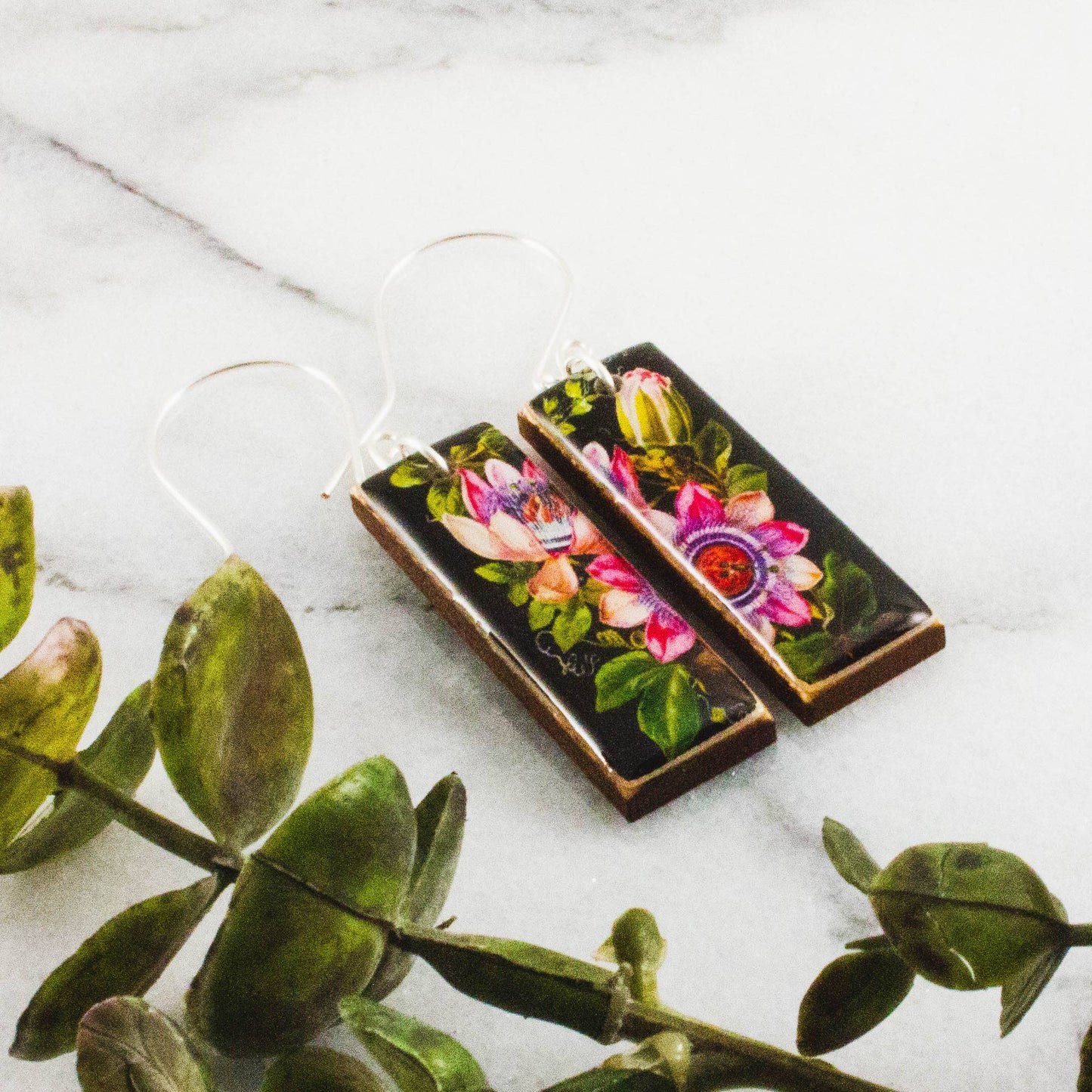 Black + Pink Vintage Botanical Rectangle Earrings