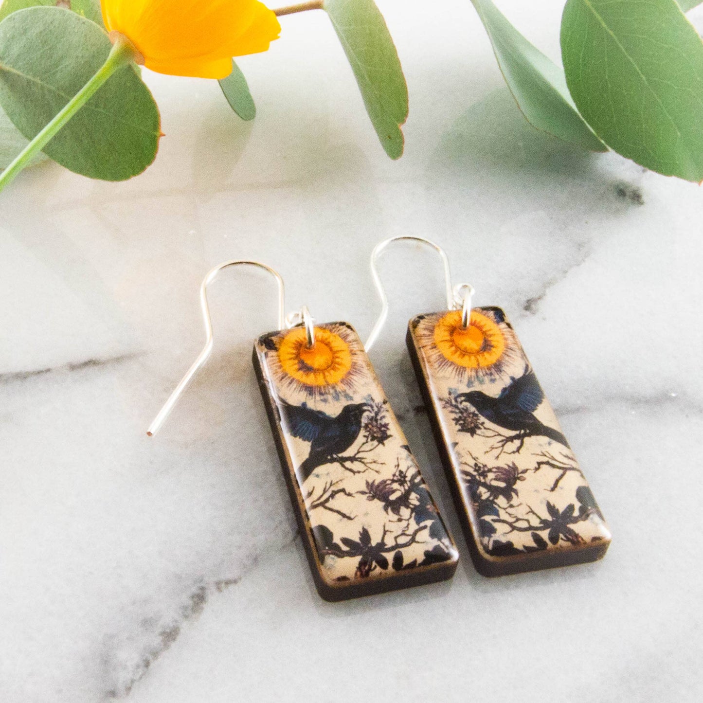 Moody Vintage Raven Tapered Rectangle Earrings