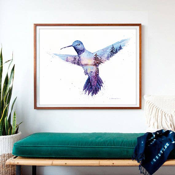 Golden Hour Jewel Hummingbird Coastal Watercolor Art Print