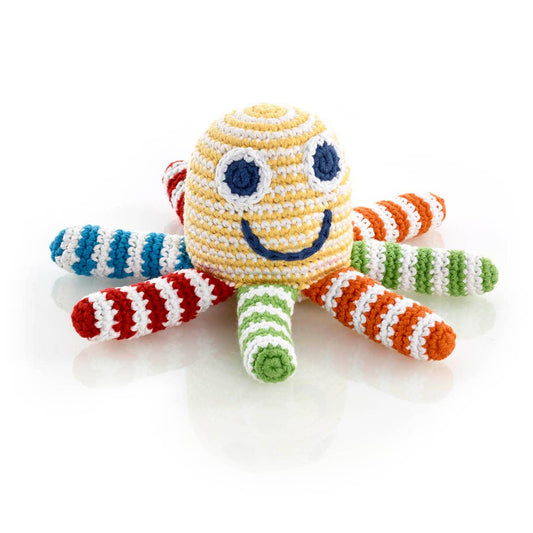 Rainbow Octopus Baby Rattle – Handmade Organic Cotton Toy