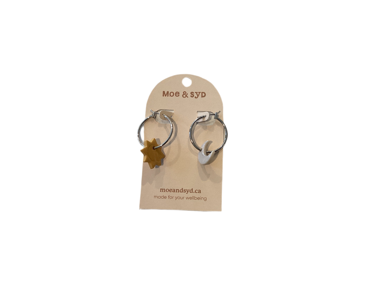 Sun and moon clay dangles- Moe and Syd