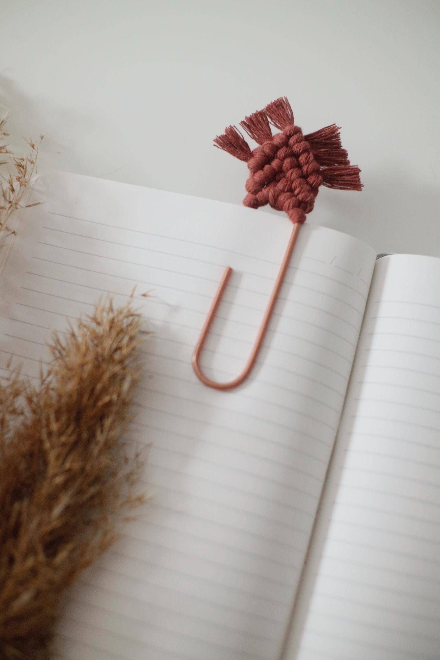 Handmade Boho Macrame Bookmark with Rose Gold Paper Clip