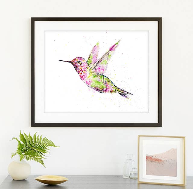 Anna's Hummingbird Floral Watercolor Art Print