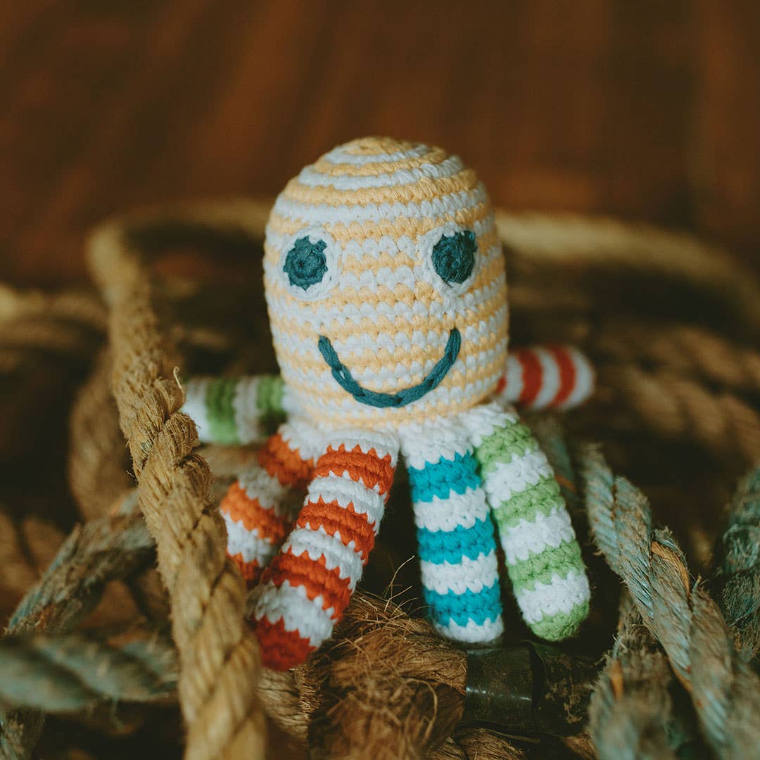 Rainbow Octopus Baby Rattle – Handmade Organic Cotton Toy