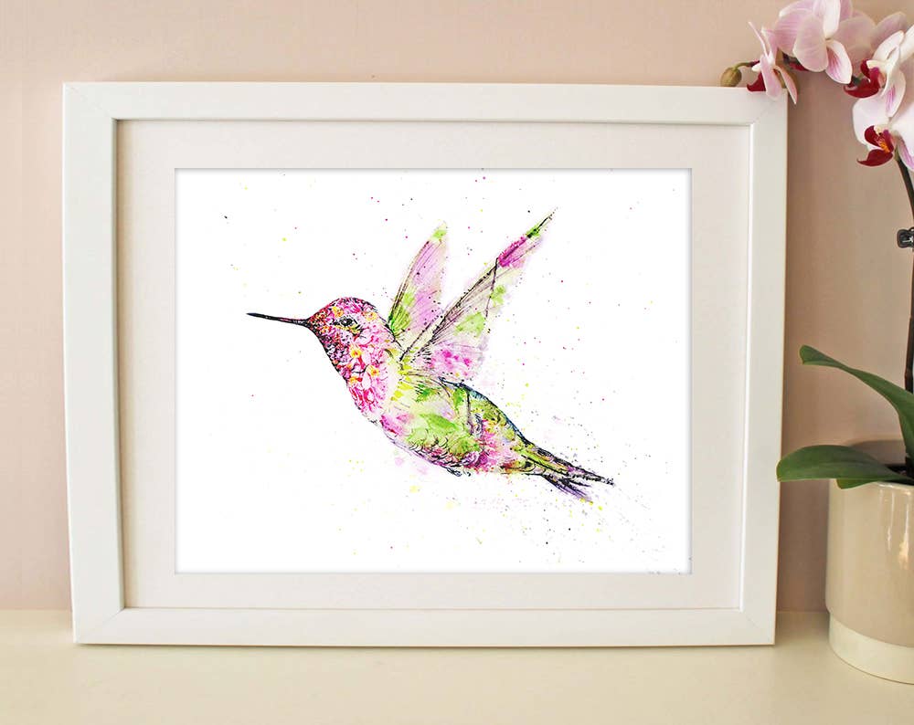 Anna's Hummingbird Floral Watercolor Art Print