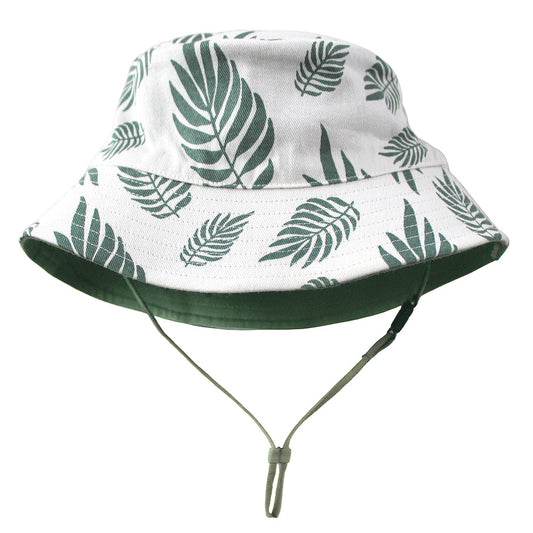 Reversible Organic Cotton Bucket Hats: Large (2-4 Years) / Palm Leaves and Camper Green