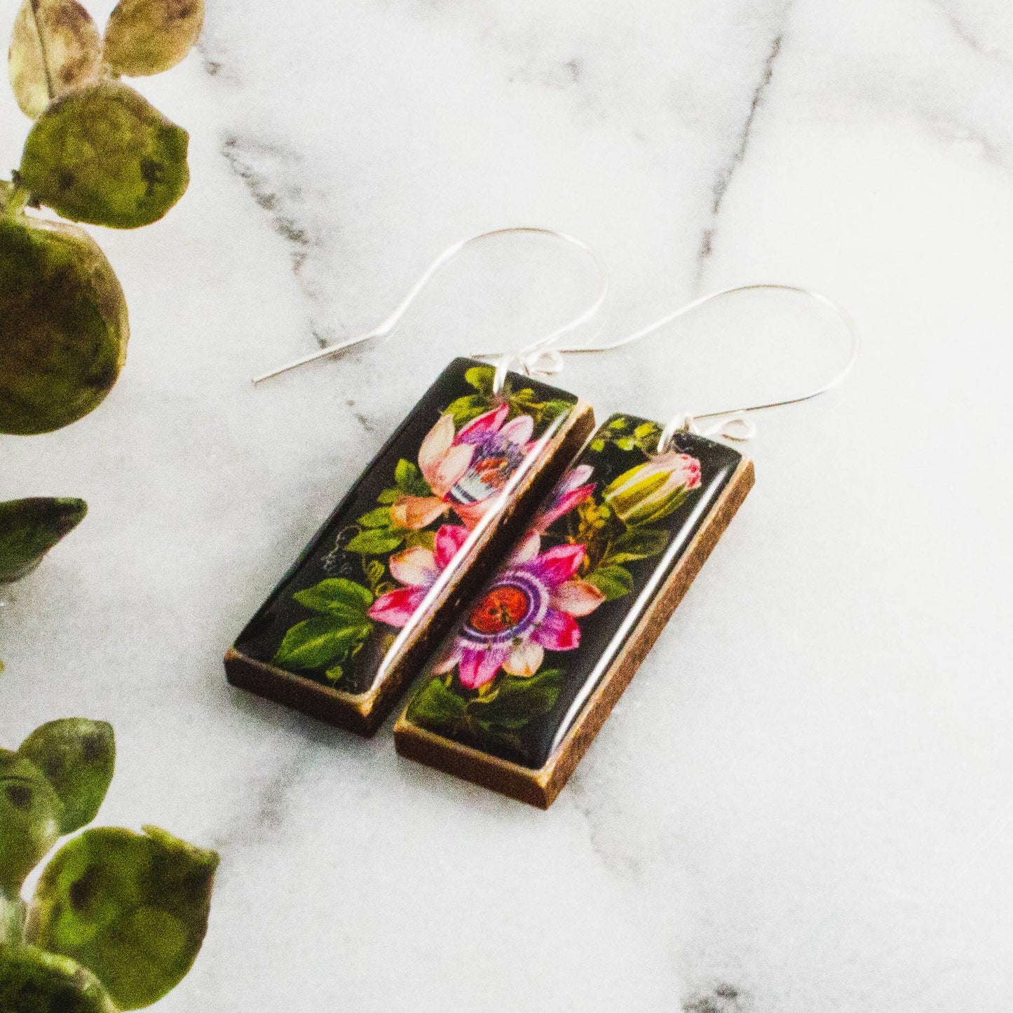 Black + Pink Vintage Botanical Rectangle Earrings