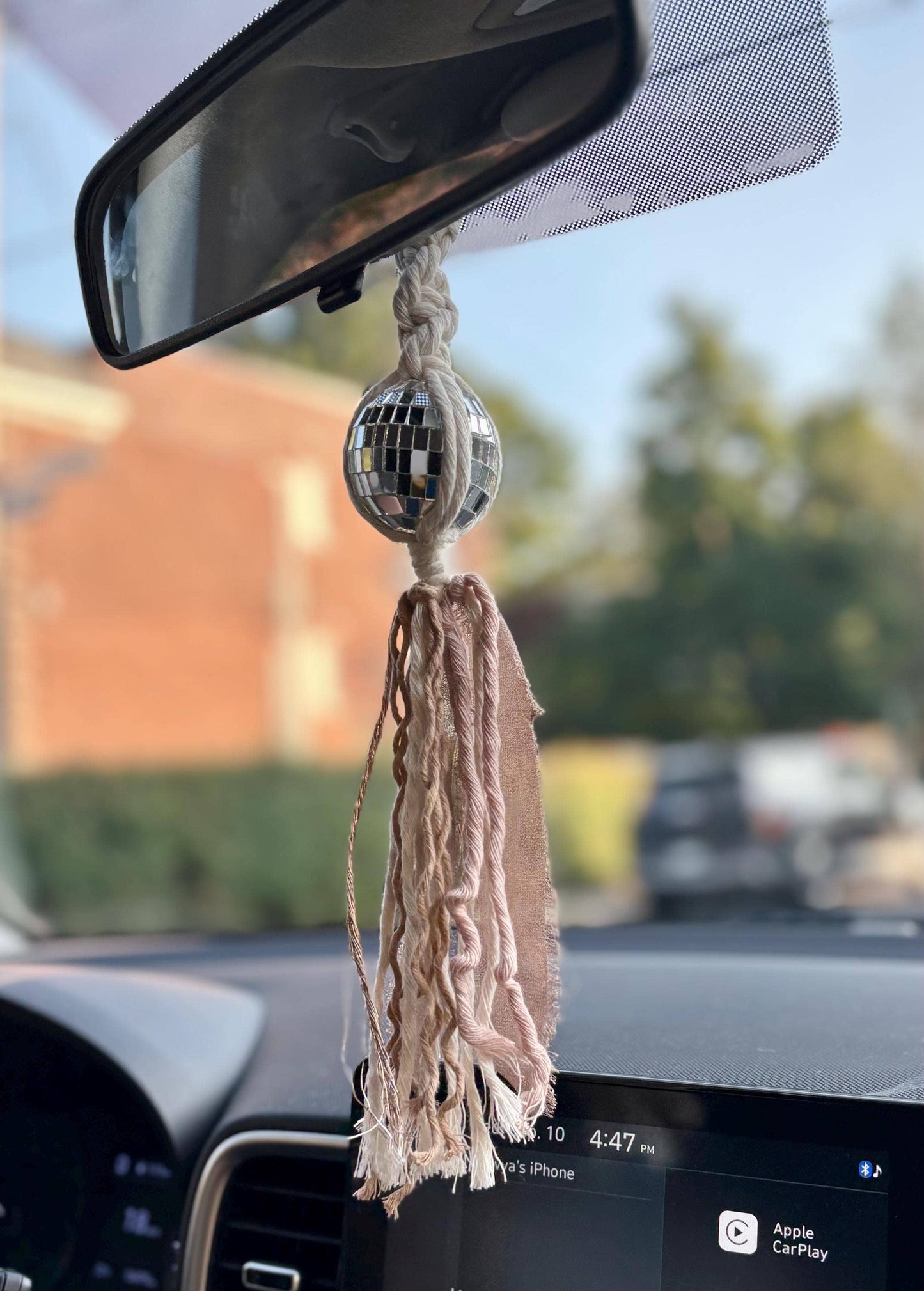 Macrame Disco Ball Car Charm: Boho Rearview Mirror Accessory