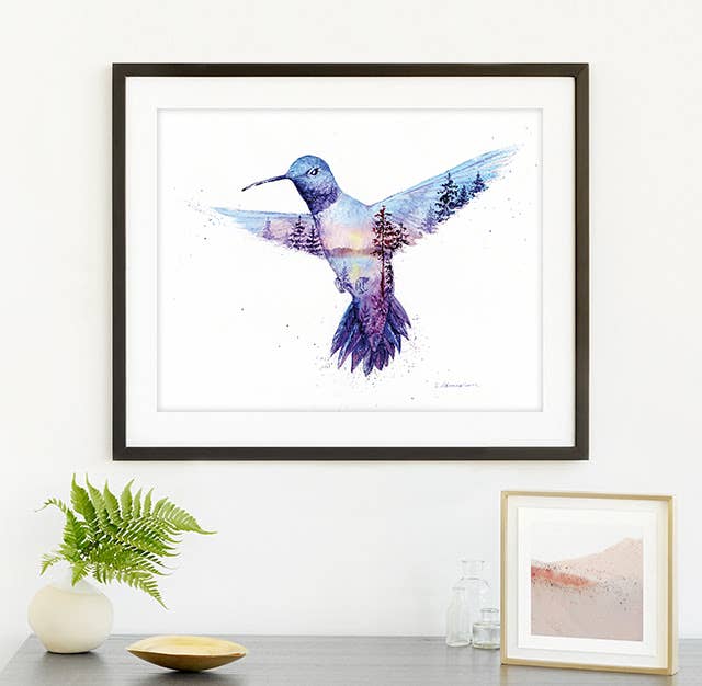 Golden Hour Jewel Hummingbird Coastal Watercolor Art Print