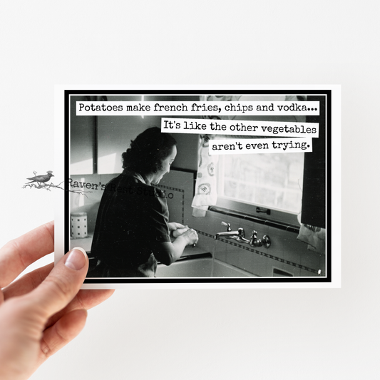 Funny Greeting Card. Potatoes, French Fries, Chips, Vodka.