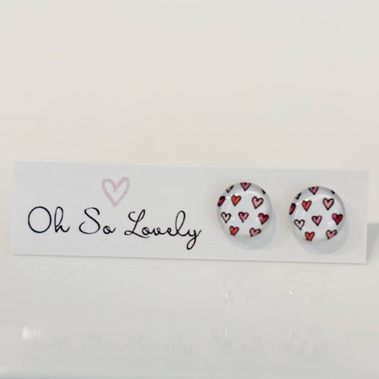 Pink and red heart glass photo stud earrings