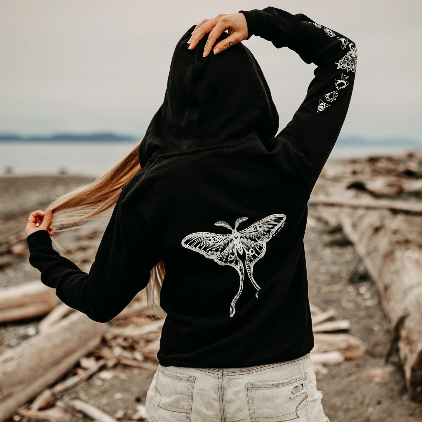 Luna Moth +Lotus Chakra unisex zip up Hoodie Black