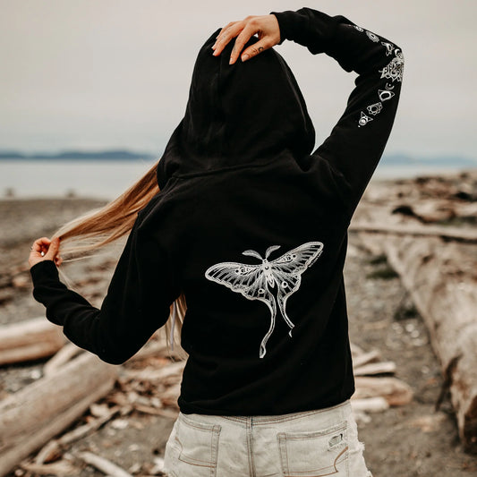 Luna Moth +Lotus Chakra unisex zip up Hoodie Black