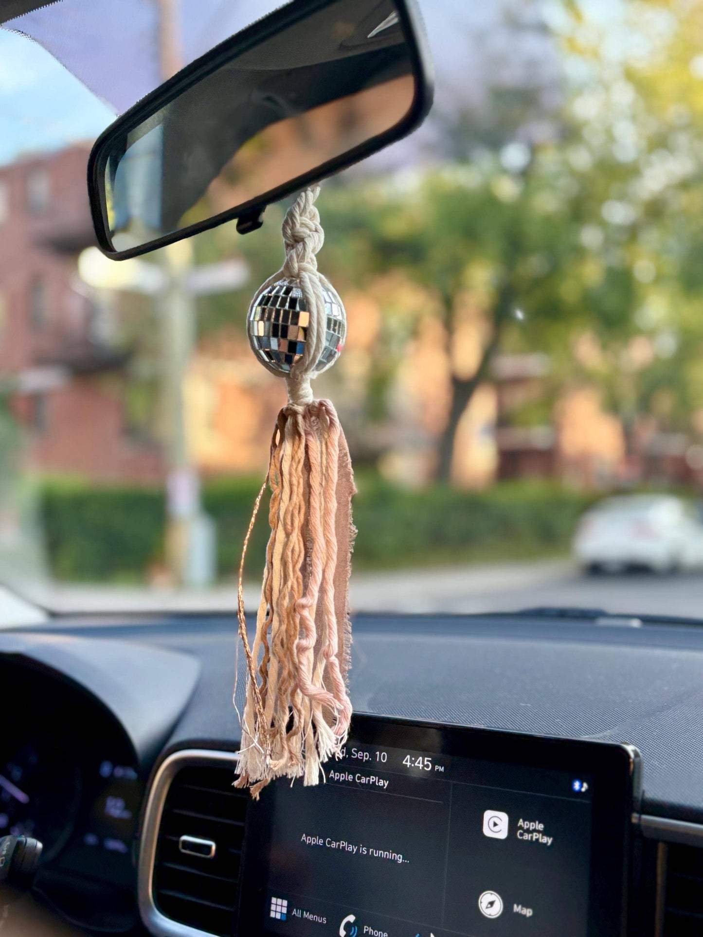 Macrame Disco Ball Car Charm: Boho Rearview Mirror Accessory