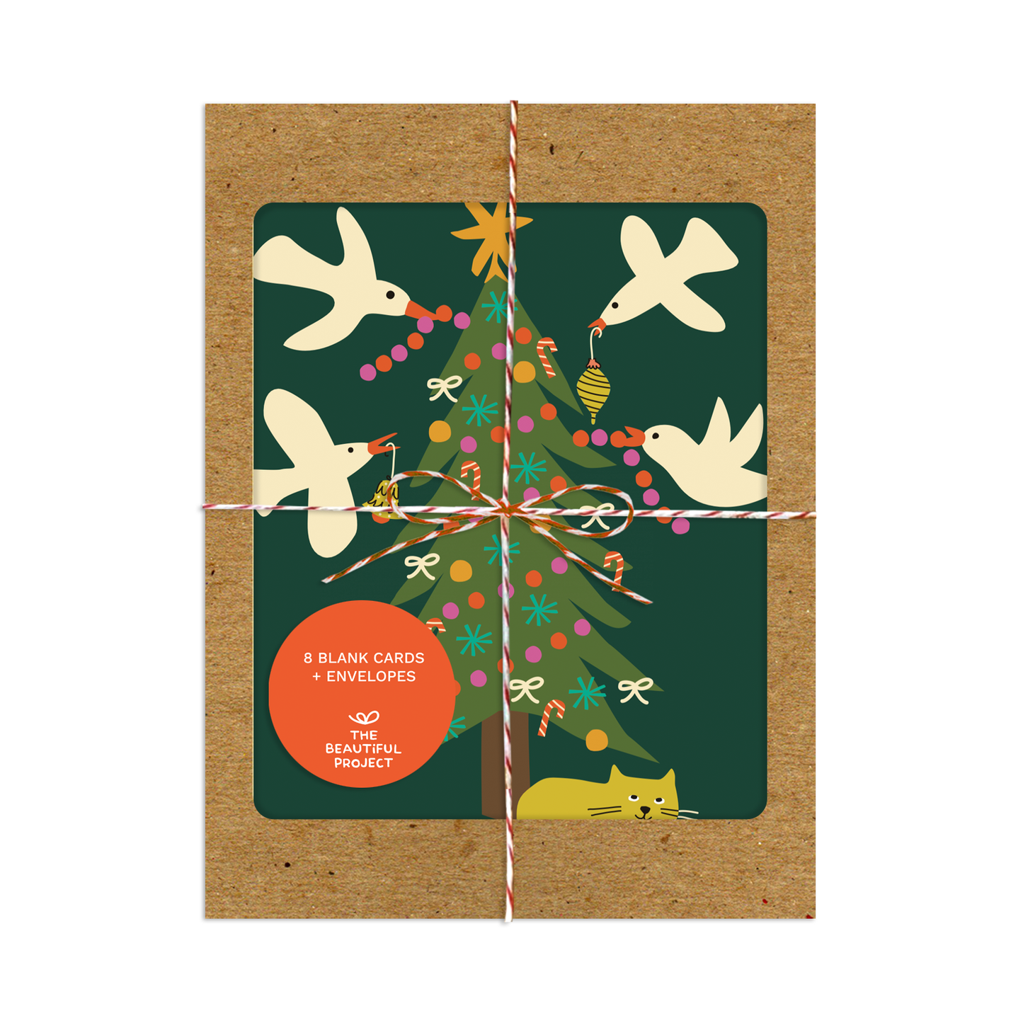 Cute Trim the Tree Birds + Cats Holiday Box Set of 8 Cards