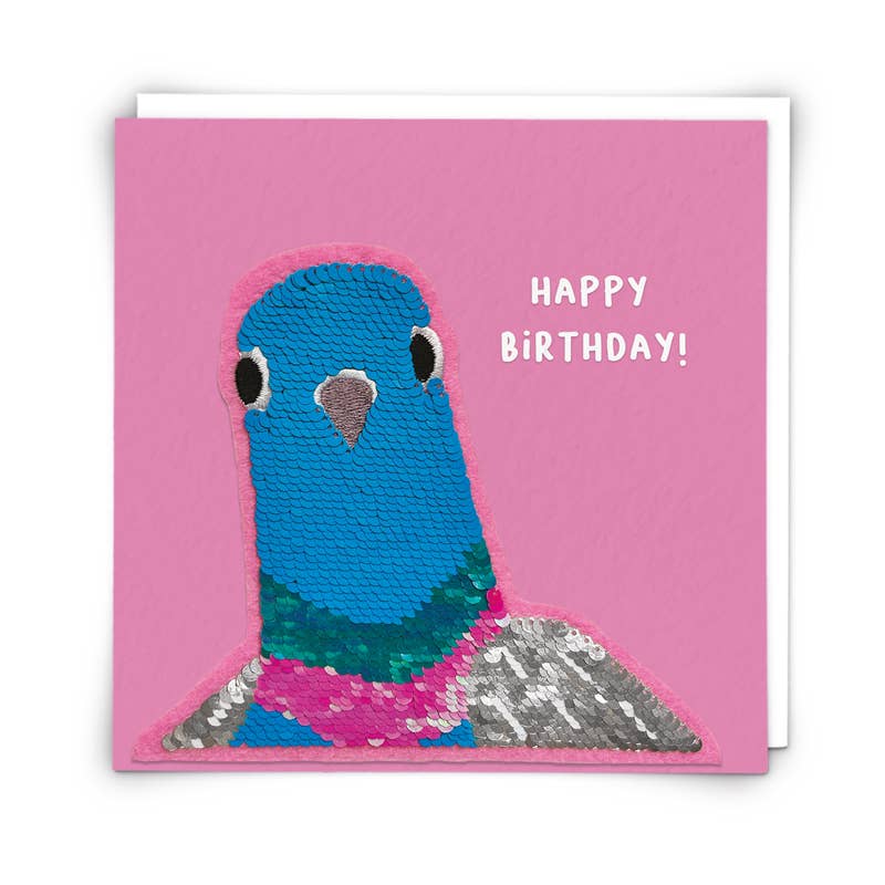 Pigeon Birthday Card with Reusable Reversible Sequin Patch