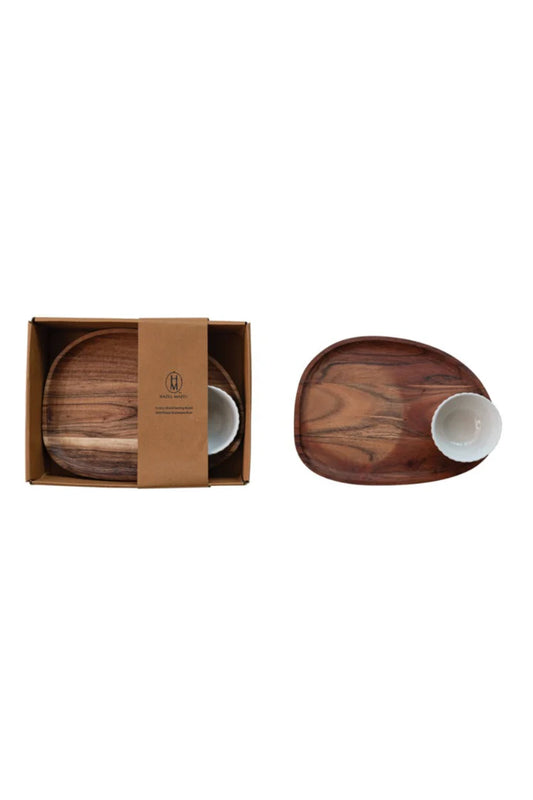 Acacia Wood Serving Tray Stoneware Bowl