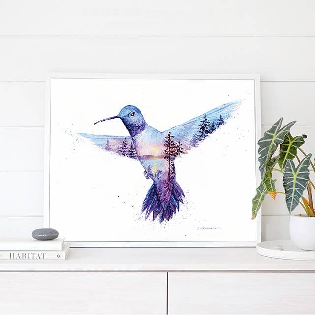 Golden Hour Jewel Hummingbird Coastal Watercolor Art Print