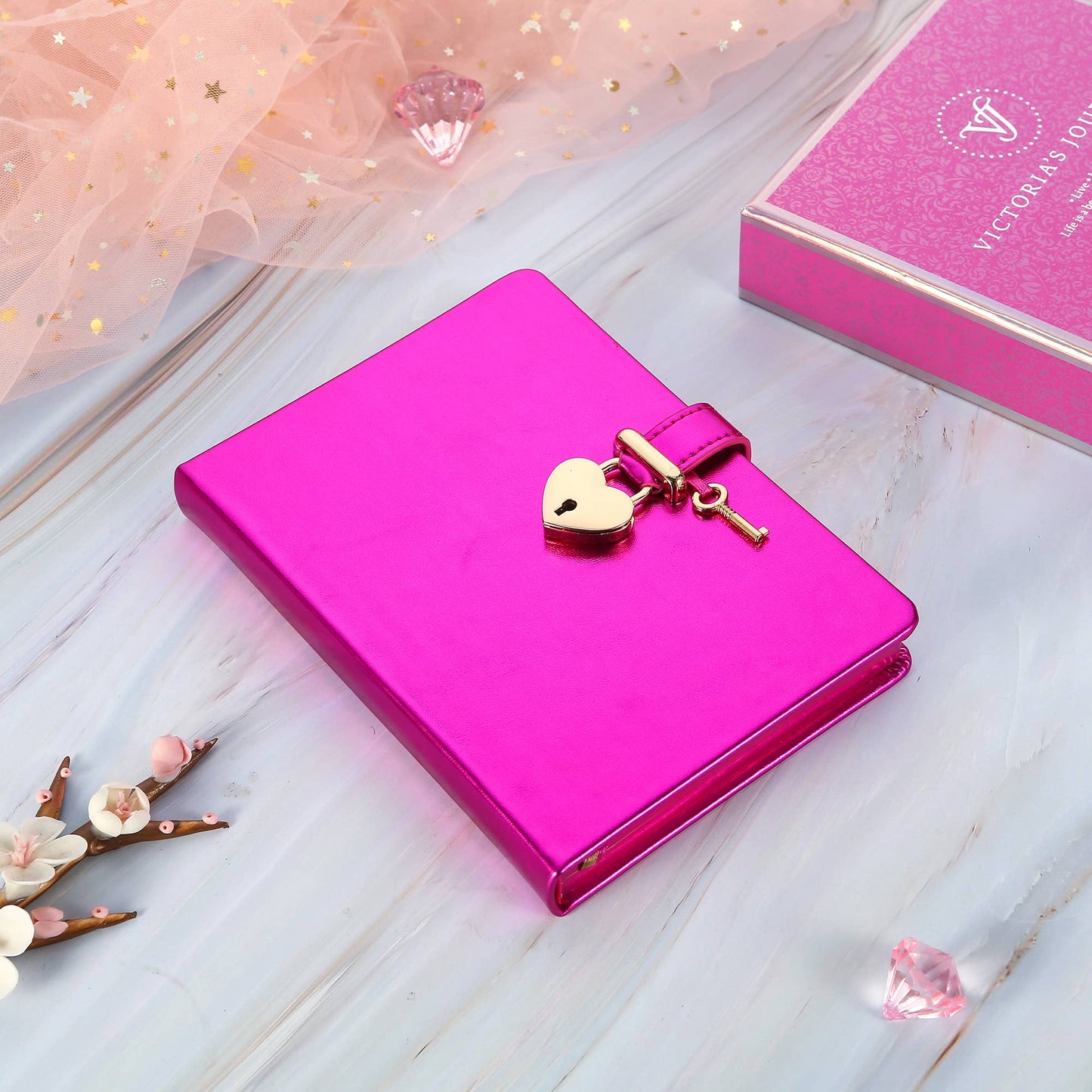 Heart Lock Journal with Key (Metallic Magenta)