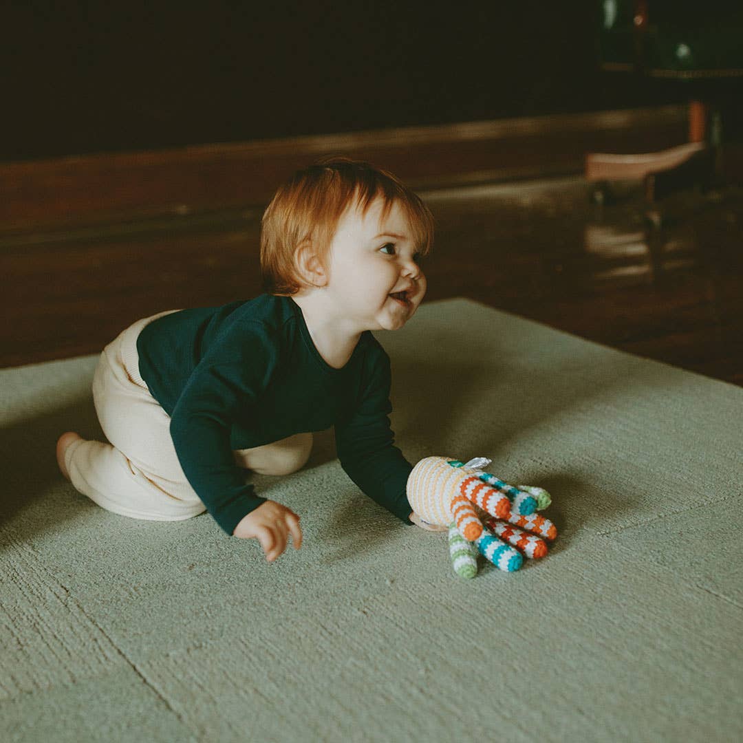 Rainbow Octopus Baby Rattle – Handmade Organic Cotton Toy