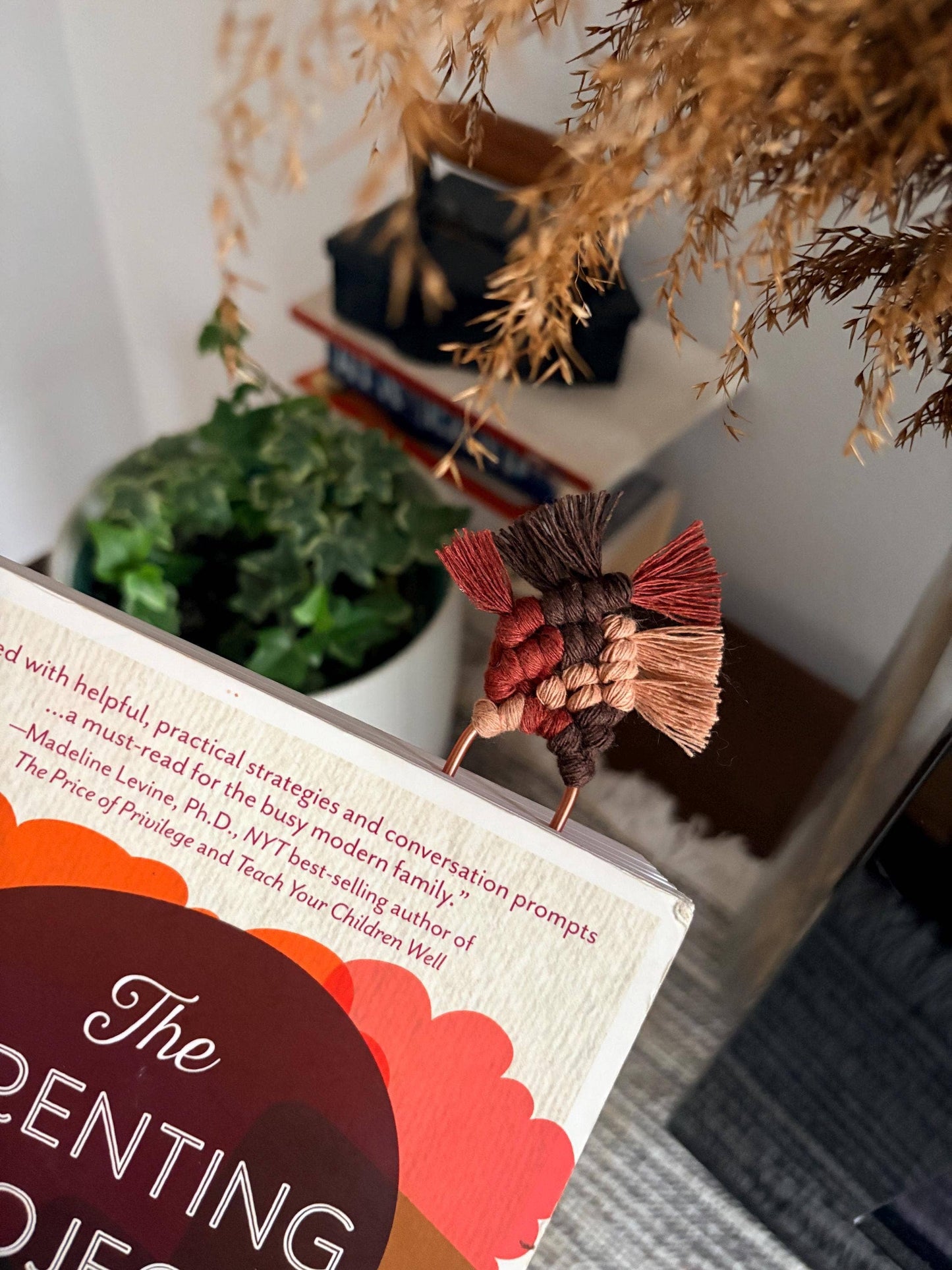 Handmade Boho Macrame Bookmark with Rose Gold Paper Clip