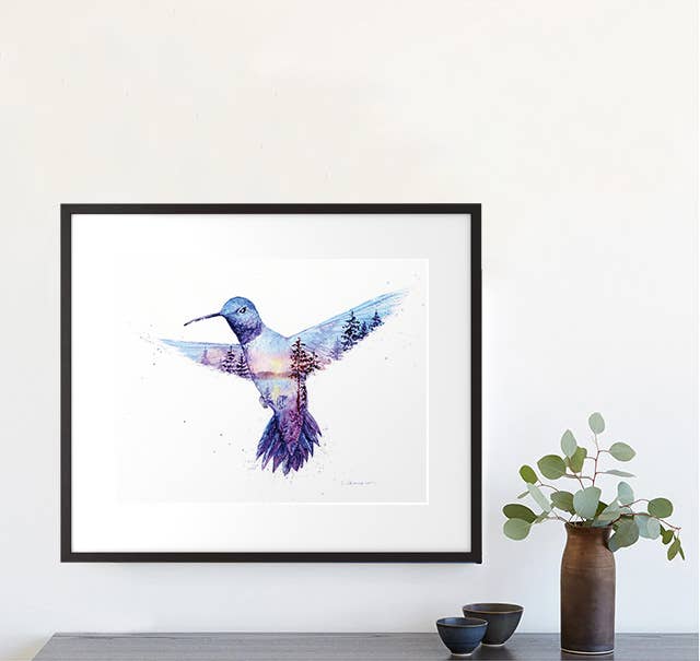 Golden Hour Jewel Hummingbird Coastal Watercolor Art Print