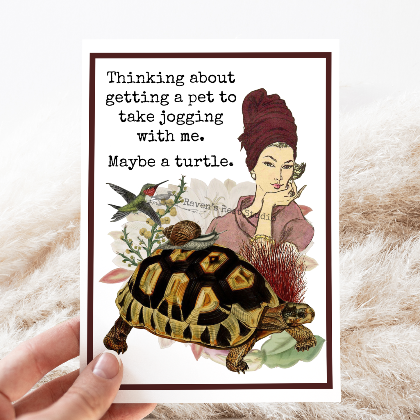 Funny Card. Vintage Inspired Collage. Jogging Turtle Pet.