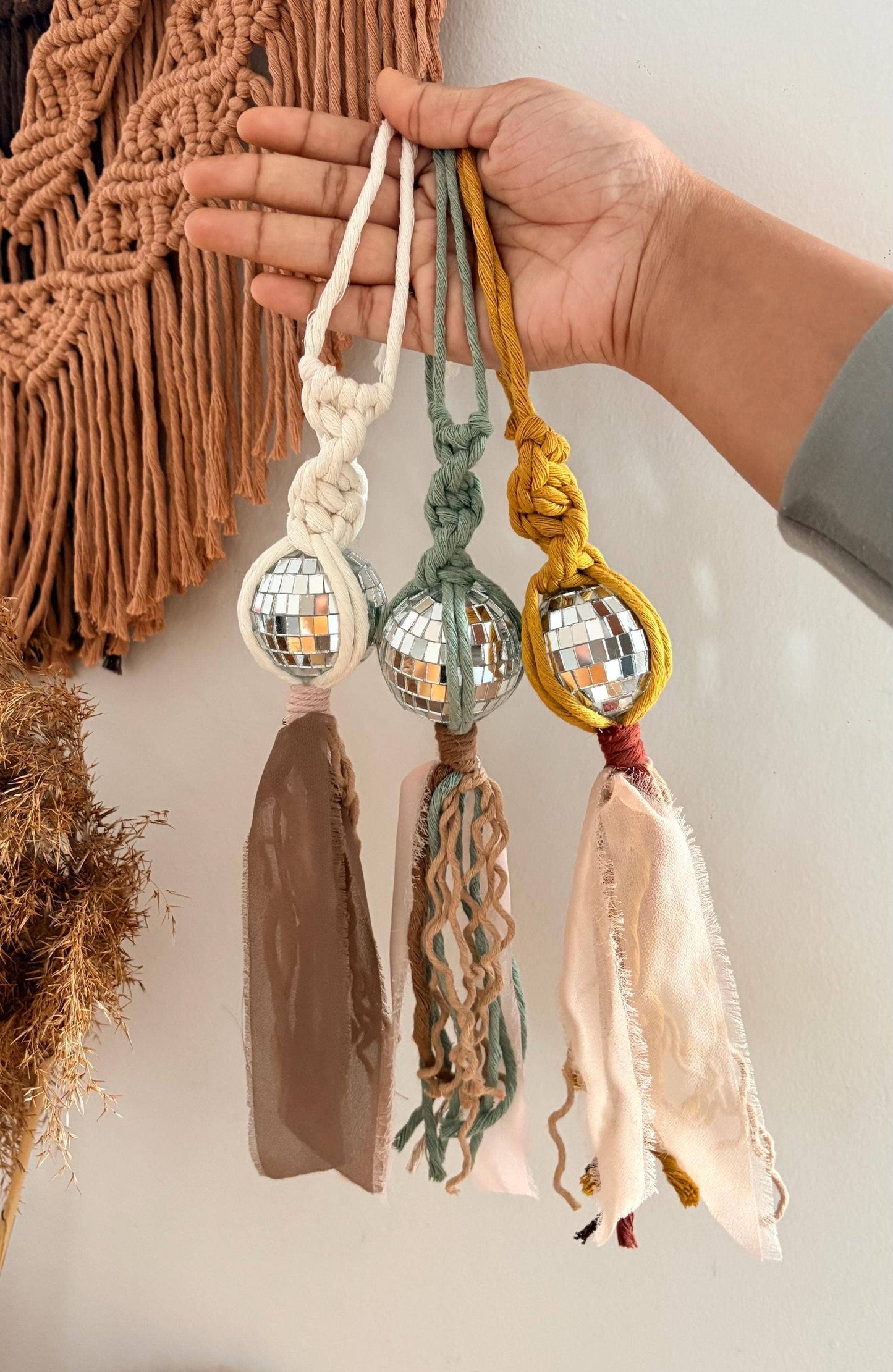 Macrame Disco Ball Car Charm: Boho Rearview Mirror Accessory