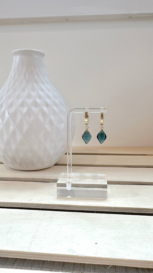 Gold Plated Huggie with Charm - Blue Crystal