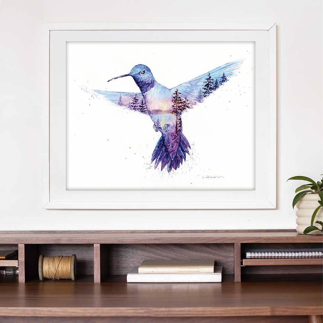 Golden Hour Jewel Hummingbird Coastal Watercolor Art Print