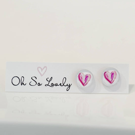 Lovely pink heart glass photo stud earrings