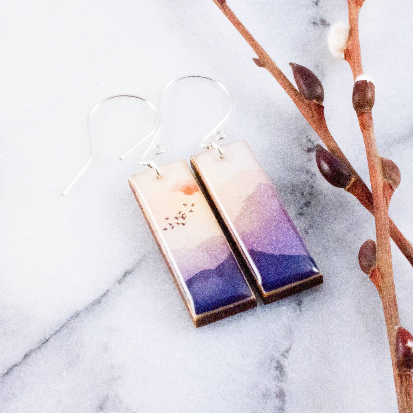 Serene Mountain Sunrise Rectangle Earrings